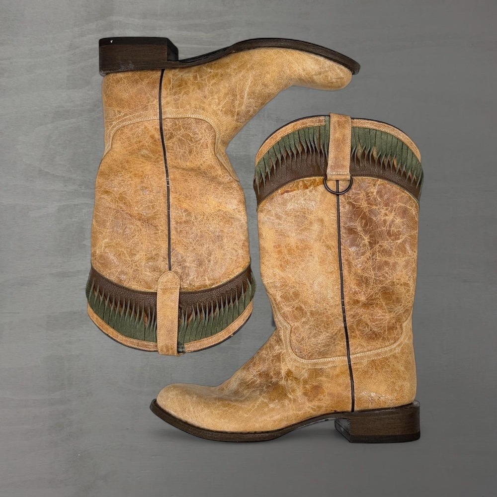 Stetson Cowboy Boots Tan Distressed Cowhide Leather Green Fringe Women's Size 10